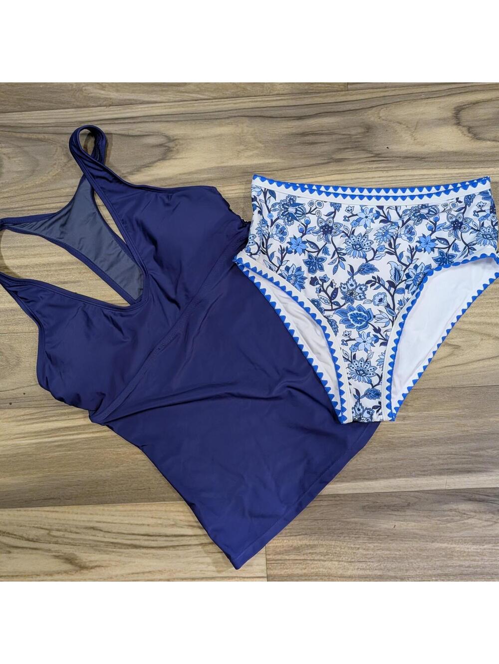 Two-Piece Swimsuit Set with Navy Tankini and Blue Floral Bottoms - Medium